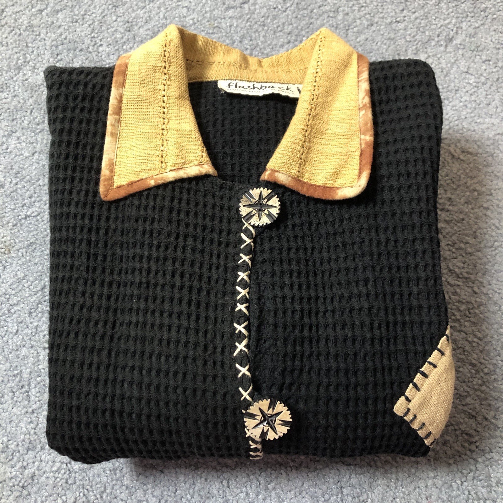Vtg Waffle Knit Cardigan Jacket Women’s L Black Button Up Pockets Tribal Goth