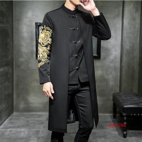 Chinese Style Tang Suit Jacket Mens Mid Long Buttons Slim Embroidery Coats Size