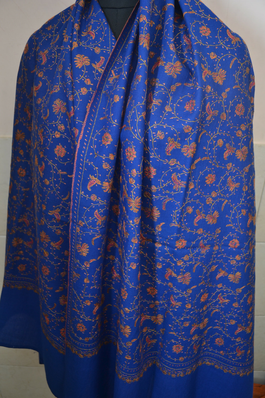 100% CASHMERE ROYAL BLUE PASHMINA KASHMIRI EMBROIDERY JAAL SHAWL – 16 DESIGNS