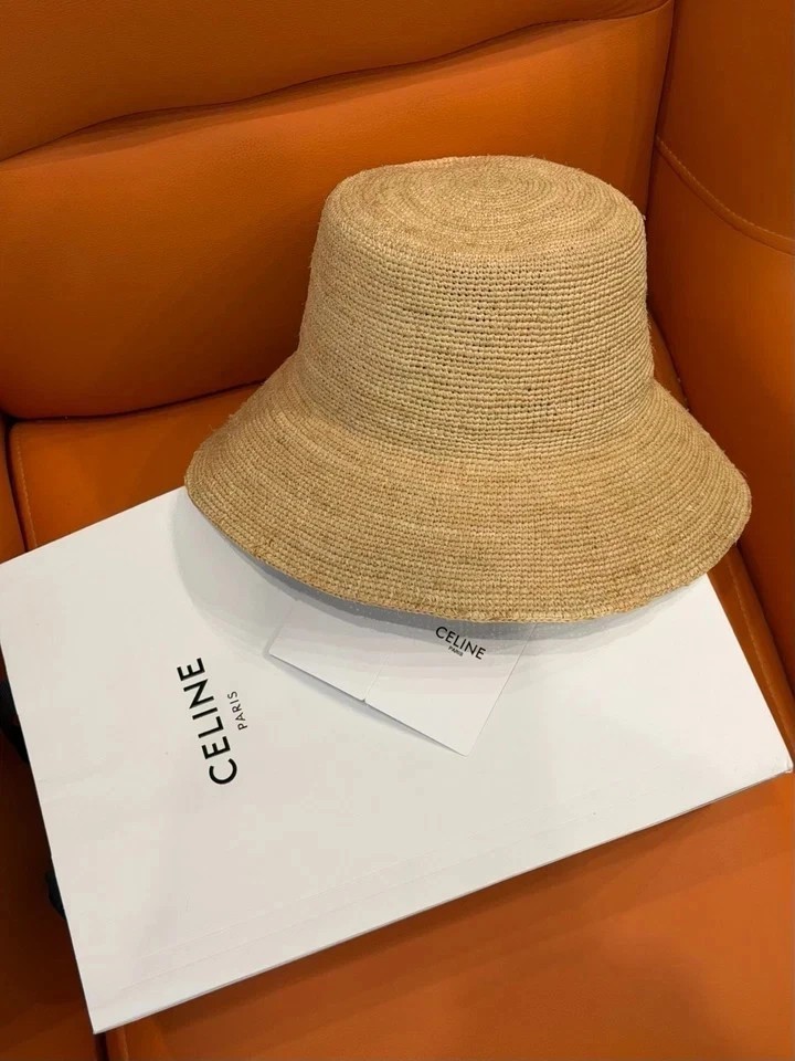 Celine Bucket Raffia Bucket Hat White Triomphe Logo Women Summer Sun Hat