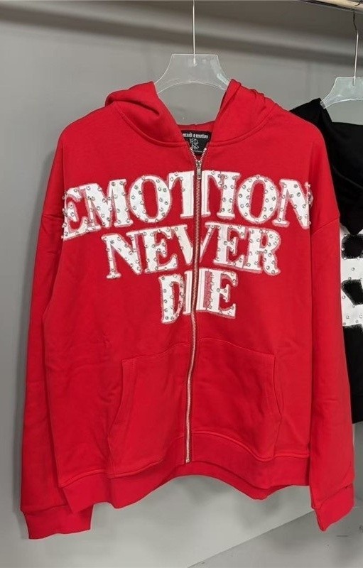 Mixed Emotion – Beaded Letter Print Zippered Hooded Sweatshirt