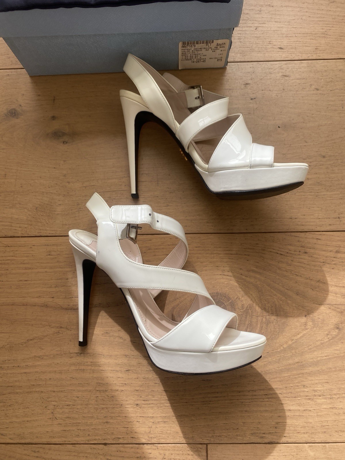 PRADA Leather Stiletto Strappy Sandals Heels 12cm in Bianco/cream 37.5 Aus 6.5