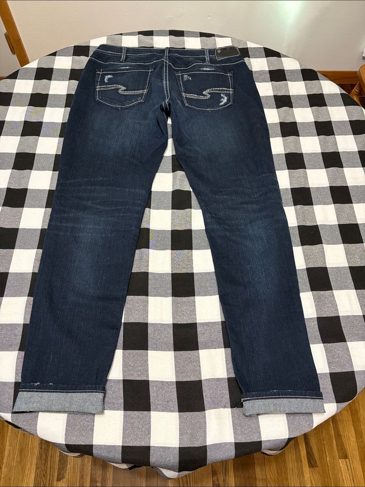 Silver Jeans Boyfriend Fluid Denim Jeans Distressed Stretch Dark 32 x 29/31.5