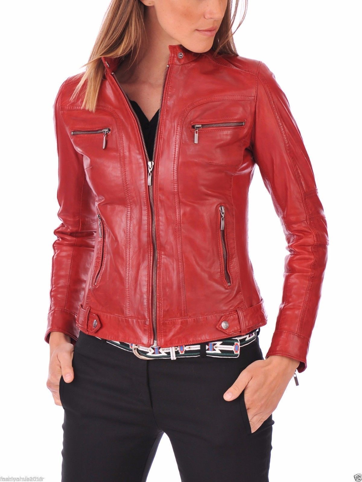 Red Women’s Lambskin Soft Real Leather Jacket Motorcycle Slim fit Biker Jacket