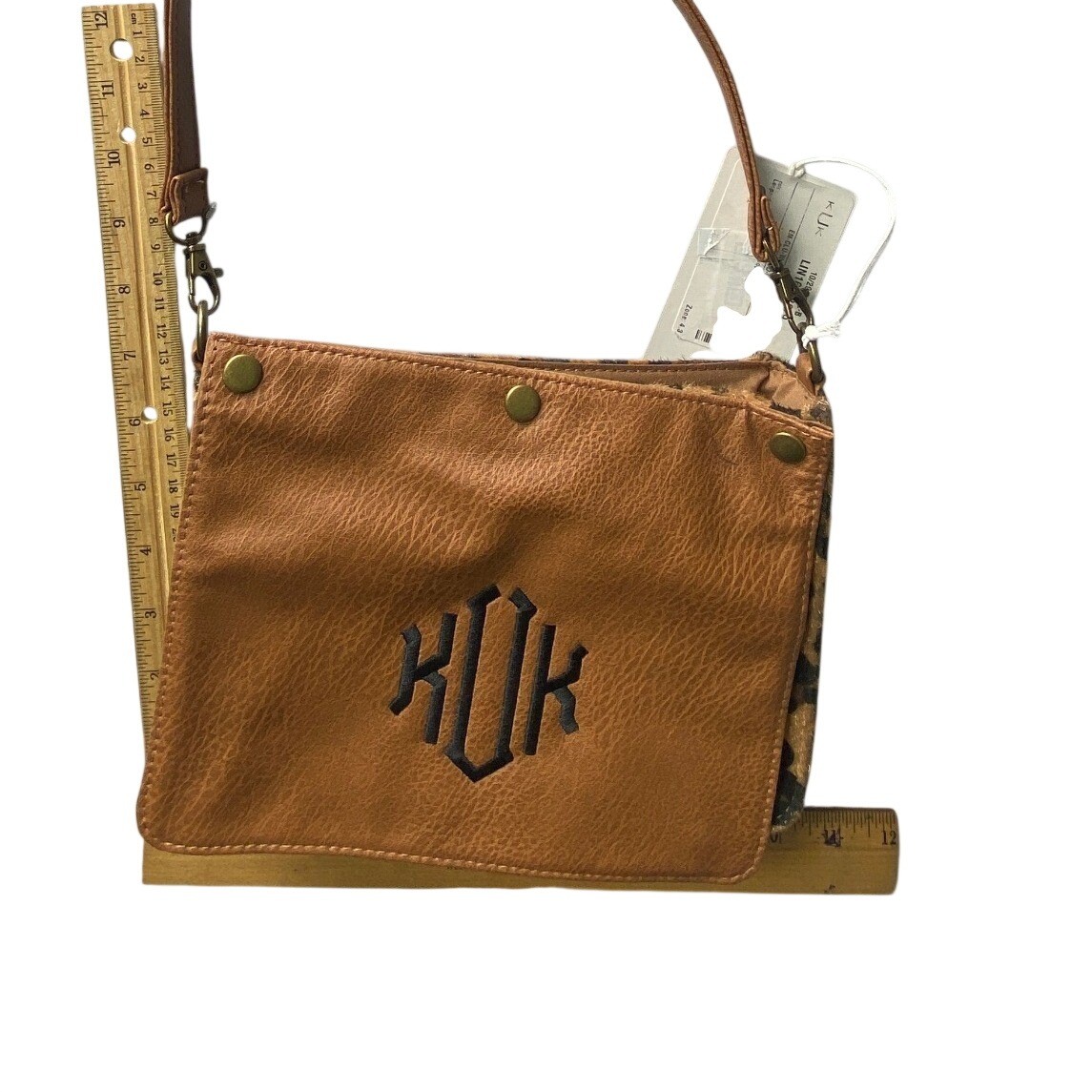 KUK Crossbody Bag Tan Leather Monogram Leopard Print Small EM CLU WCL3592 LEOS