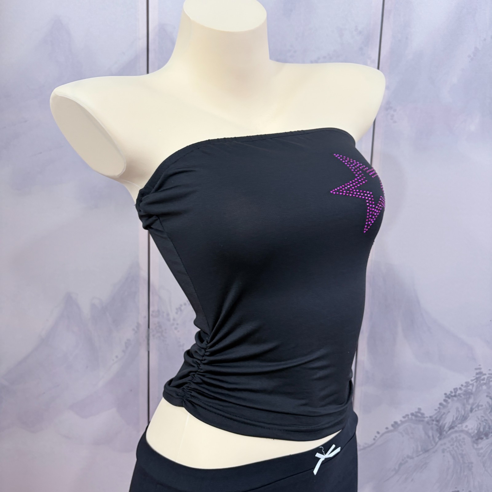Y2K Purple Rhinestone Star Ruched Black Strapless Tube Top ｜Size S