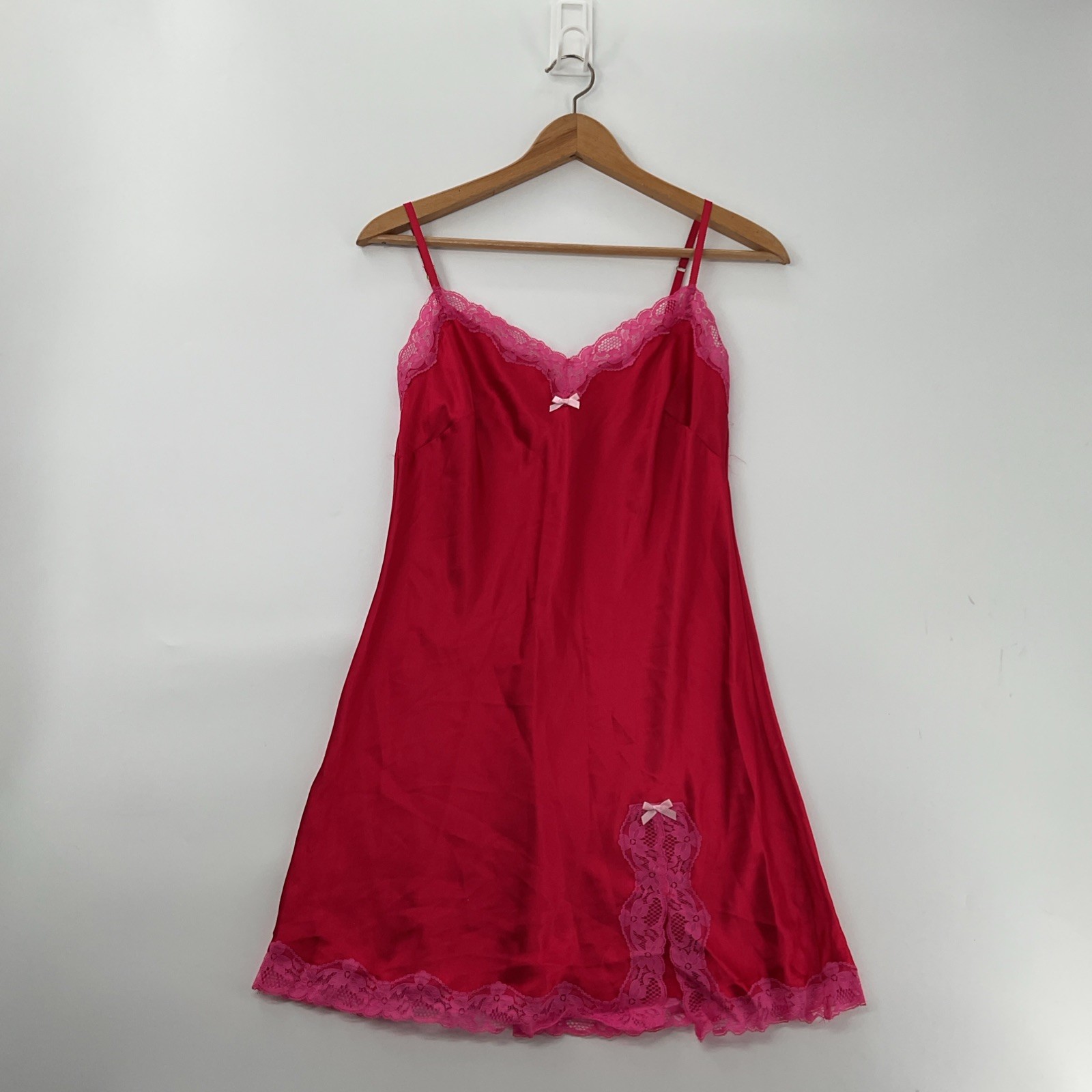 Victoria Secret Lingerie Chemise Slip Sz S Red/pink Satin Lace Trim Side Slit