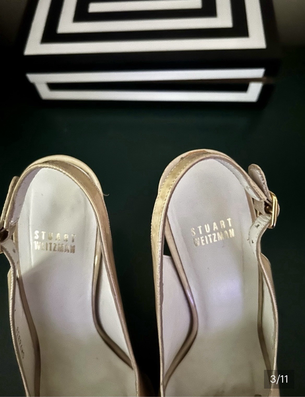 Stuart Weitzman Women’s Beige Patent Leather Slingback Peep Toe Buckle US 9.5 M