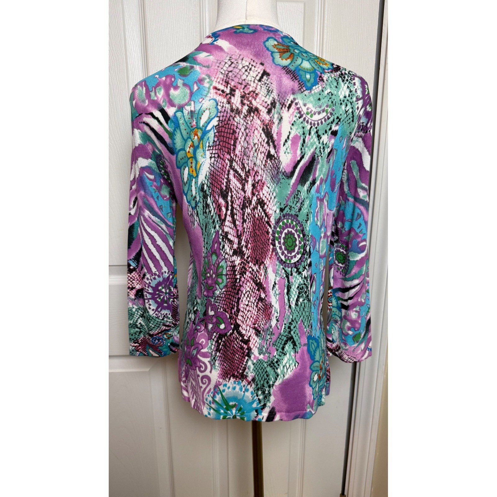 Alberto Makali Womens Beaded Mixed Print Open Front Cardigan Purple Teal Small