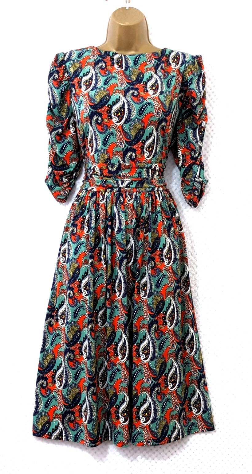 JOLIE MOI Green Multi Paisley Fit Flare Midi Dress UK 16 Ruched Sleeve Occasion