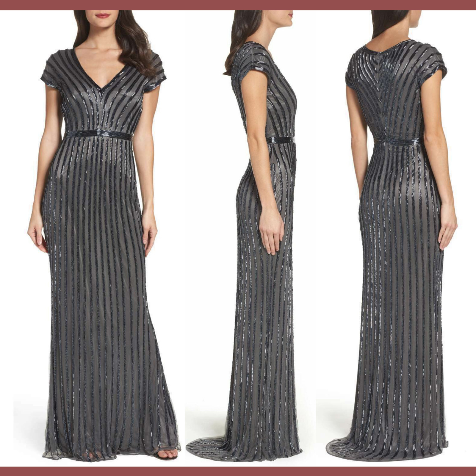 NWT $598 Mac Duggal Beaded Mesh Gown Color Charcoal [SZ 6 ] #M656