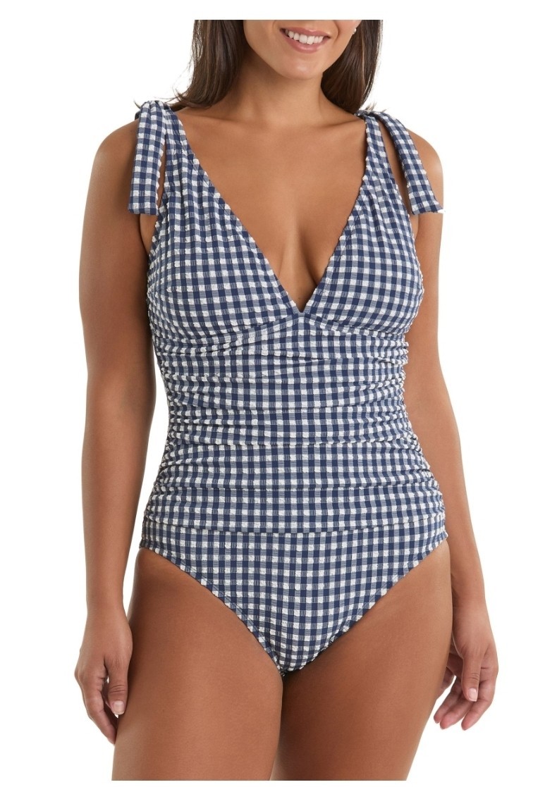 Ellen Tracy Womens 1-Piece Swimsuit Size M Navy Blue Gingham Checkered UP5-50+