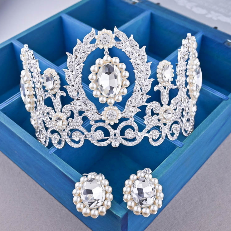 9cm Tall Crystal Tiara Earrings Set Wedding Queen Princess Prom Crown – 5 Colors