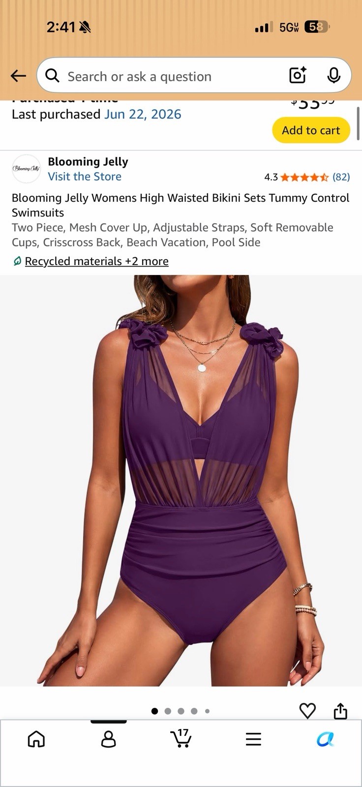 Blooming Jelly Purple 2pc Swimsuit Bikini Top High-Waist Bottom Mesh Ruffle L