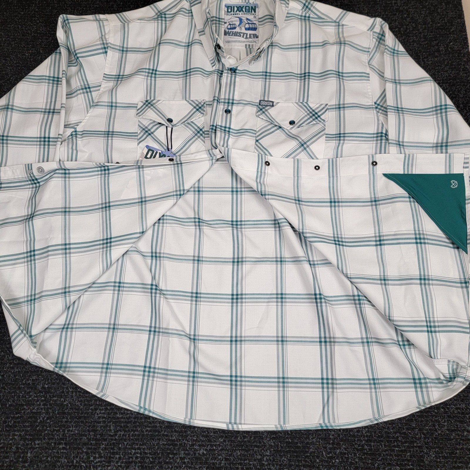 Dixxon Flannel Co “Whistler” Button Up Shirt 4X NWT White Teal Plaid D-Tech