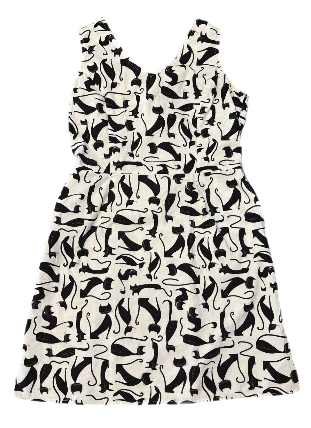 Folter Women’s XL Black & White Cat Print Sleeveless V-Neck Cotton Dress