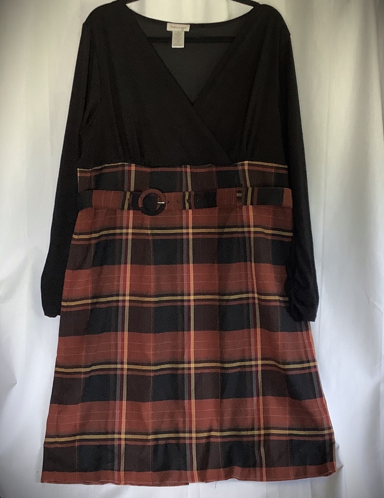 Monroe & Main Belted Midi Dress Vtg Size 18W Plaid Black Brown Yellow USA-Made