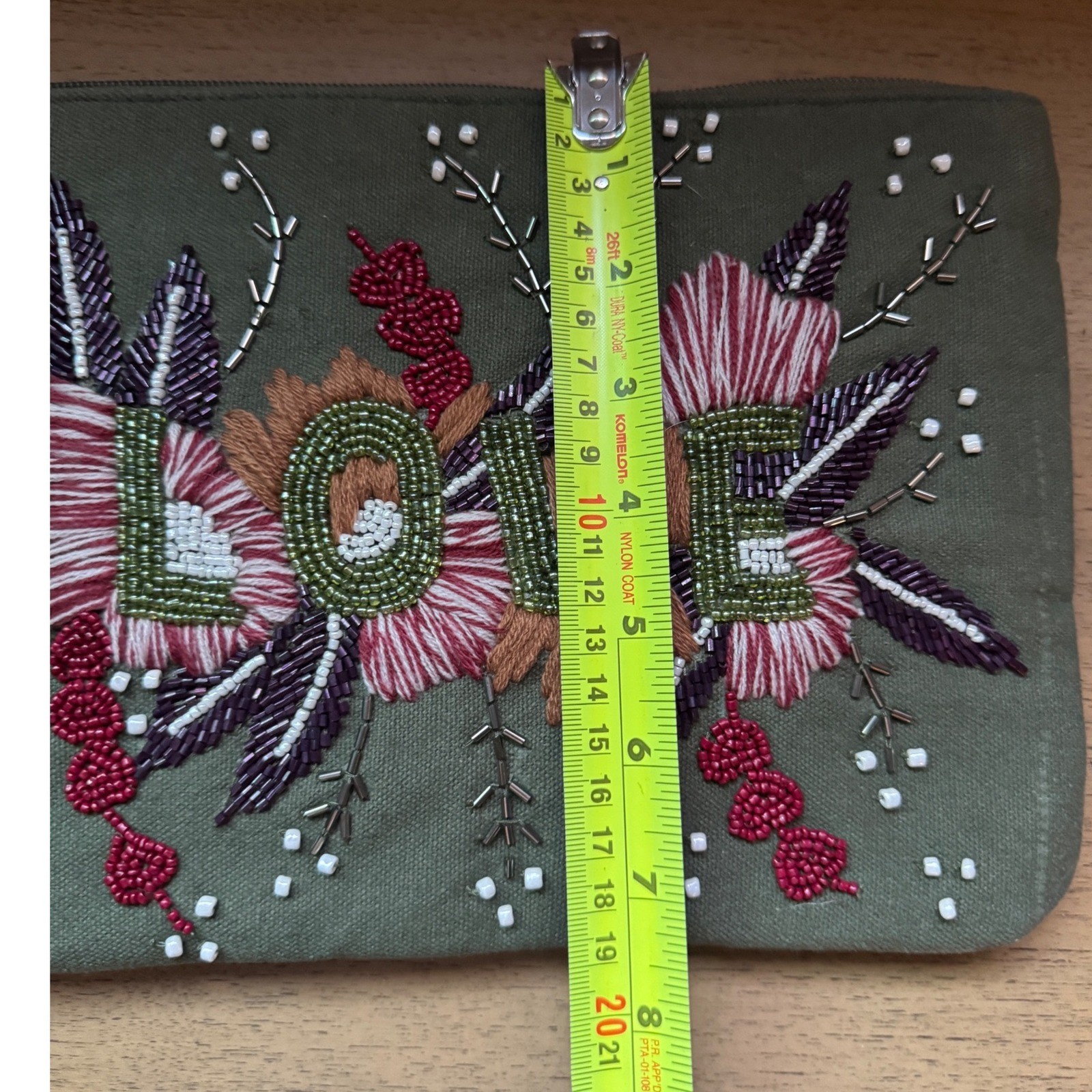 America & Beyond Love Beaded Floral Wristlet Clutch Bag Olive Green Canvas NEW