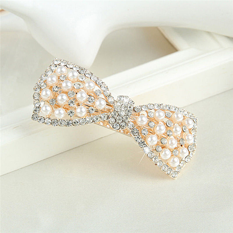 Women Girl Crystal Bow Hair Clip Hairpin Barrette Pearl Hair Accessories B`j J9