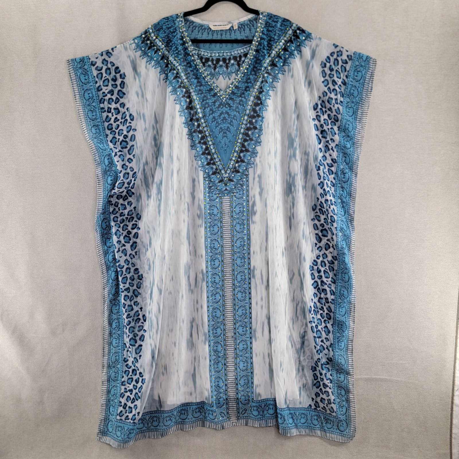 Soft Surroundings Womens Dress Beaded Chiffon Maxi Kaftan One Size Blue Boho