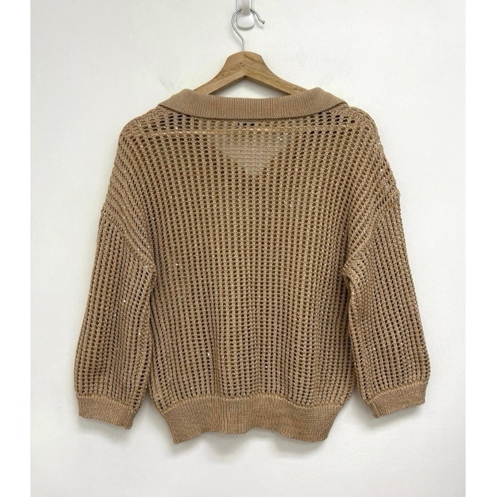 Peserico Ladder Open-Knit Shimmer Sequin Polo Collared Neutral Sweater IT40/US4