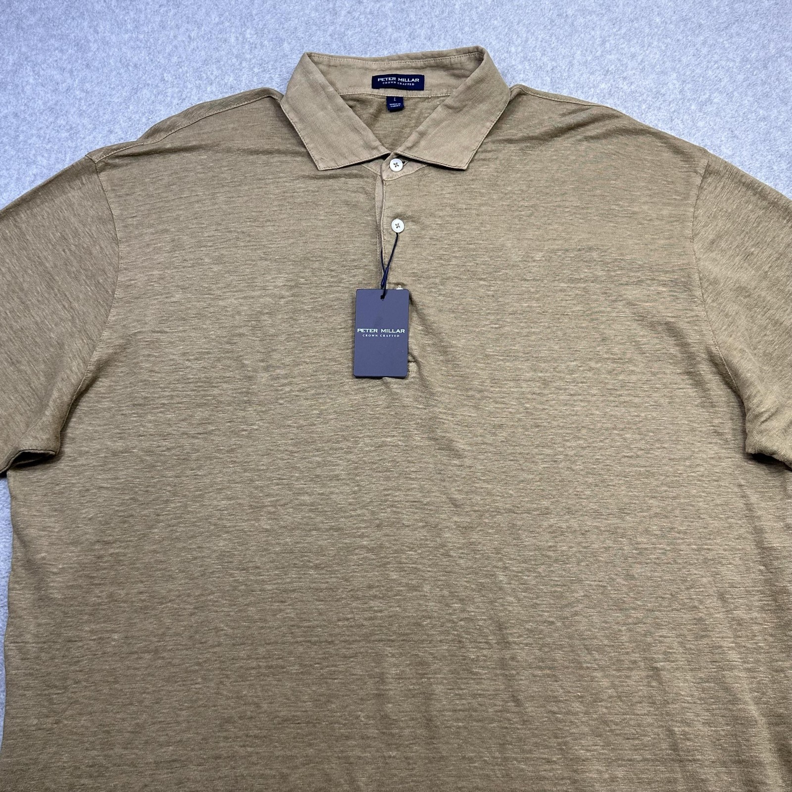 Peter Millar Greystone Polo Shirt Mens Large Beige Linen Crown Crafted Summer