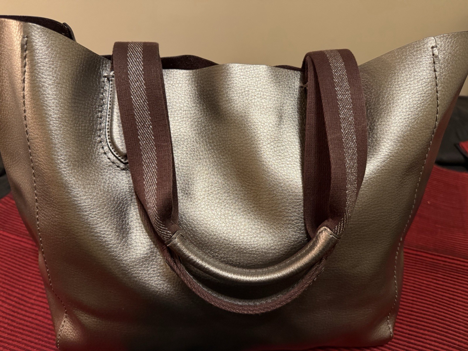 Coach Bronze Pebbled Tote Large Double Handles Snap Zip Inner Pockets Bag Charm