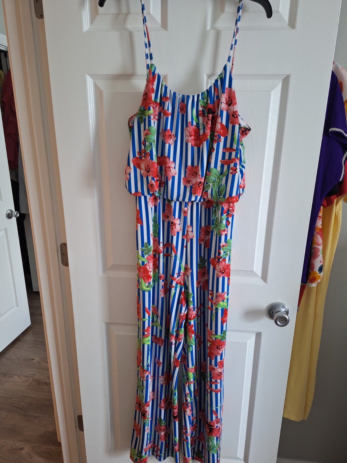Show Me Your MuMu XL Floral Stripe Ruffle jump suit Blue/White