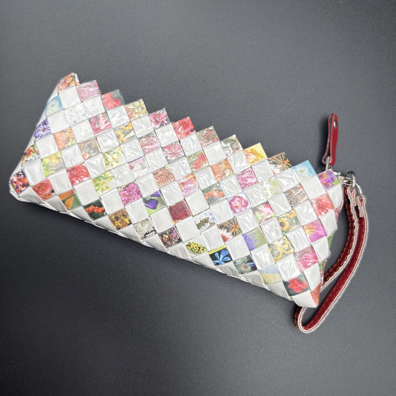 Nahui Ollin White And Floral Candy Wrapper Clutch Purse Wristlet Zip Top Woven