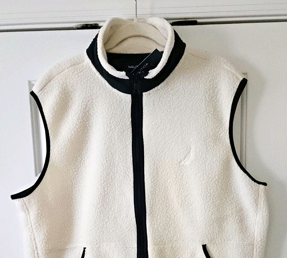 NWT, Nautica Nautex Men’s Vest L White Full Zip Stand-Up Collar Pockets Logo