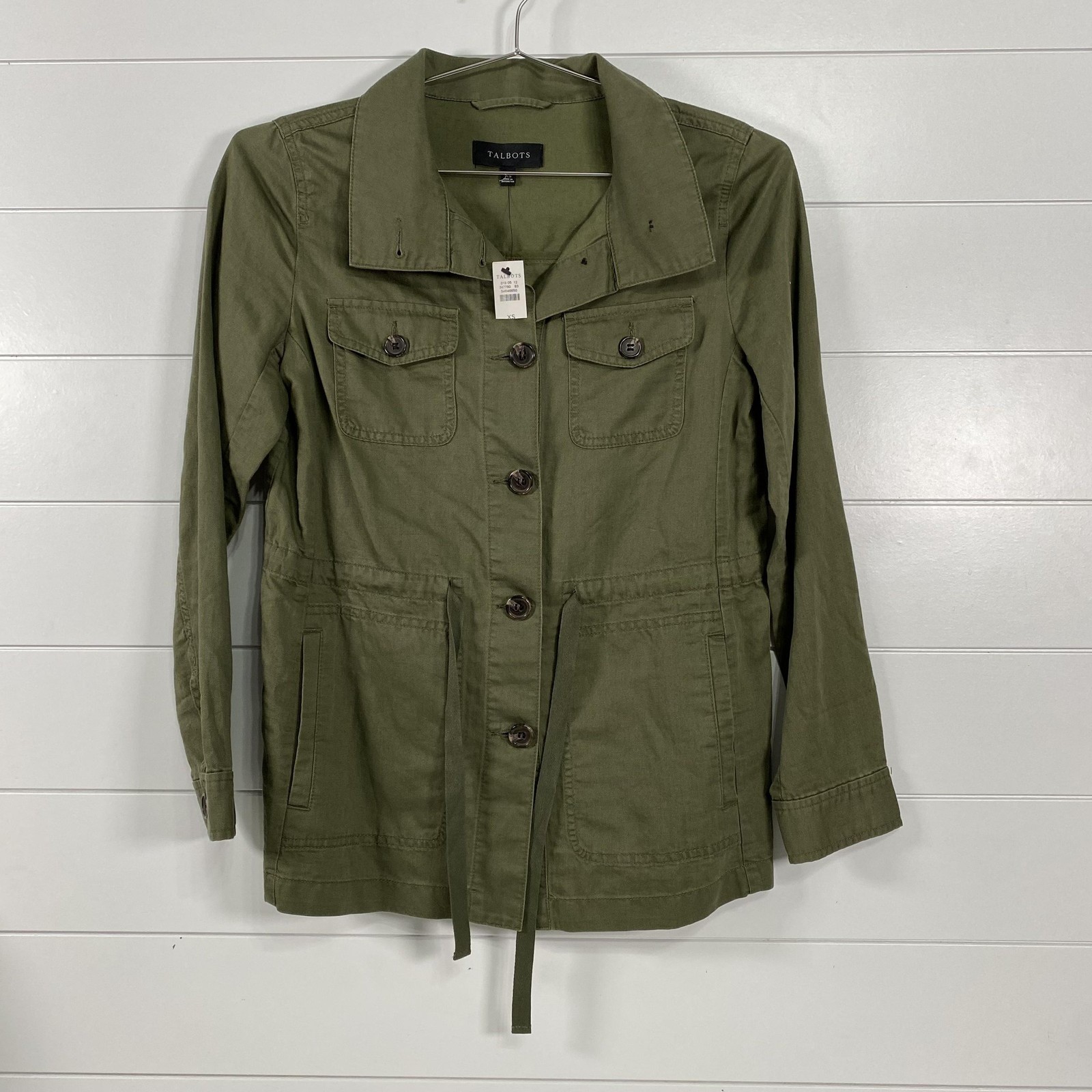 Talbots Jacket Womens XS Green Utility Button Front Cotton Linen Safari Belted