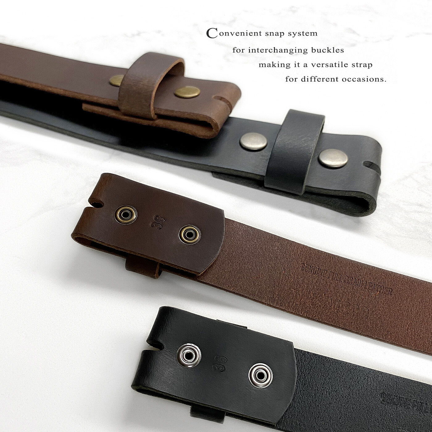 Big and Tall One Piece Full Grain Leather Belt Strap with Snaps Up to size 60″