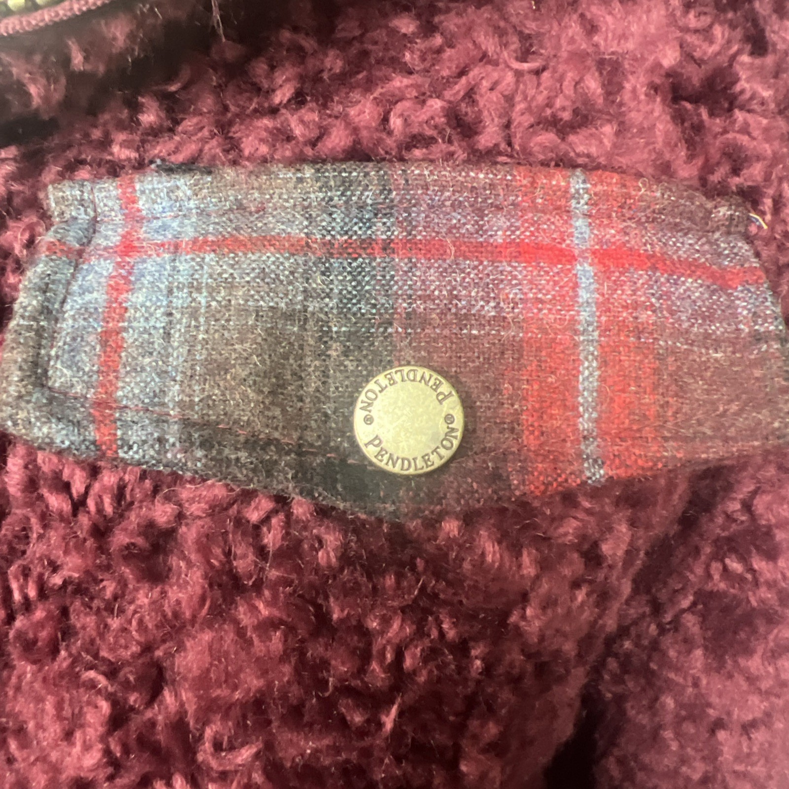 Pendleton Women’s Sherpa Fleece Jacket Small Burgundy Wool Plaid Full Zip Cozy