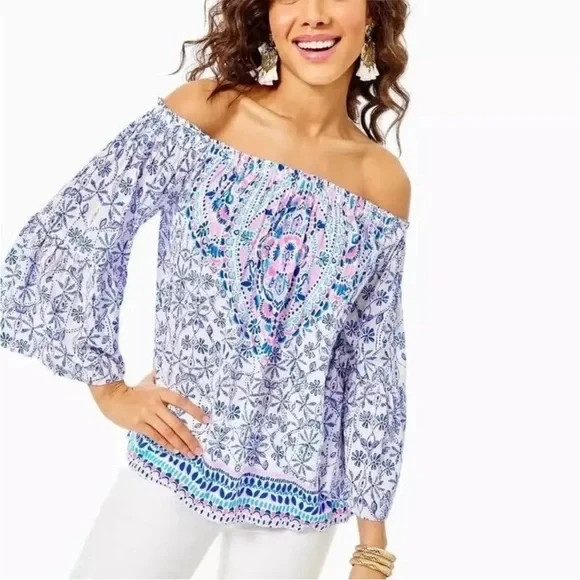 Lilly Pulitzer Nevie Off Shoulder Top XS Resort White Time To Shine Boho Blouse