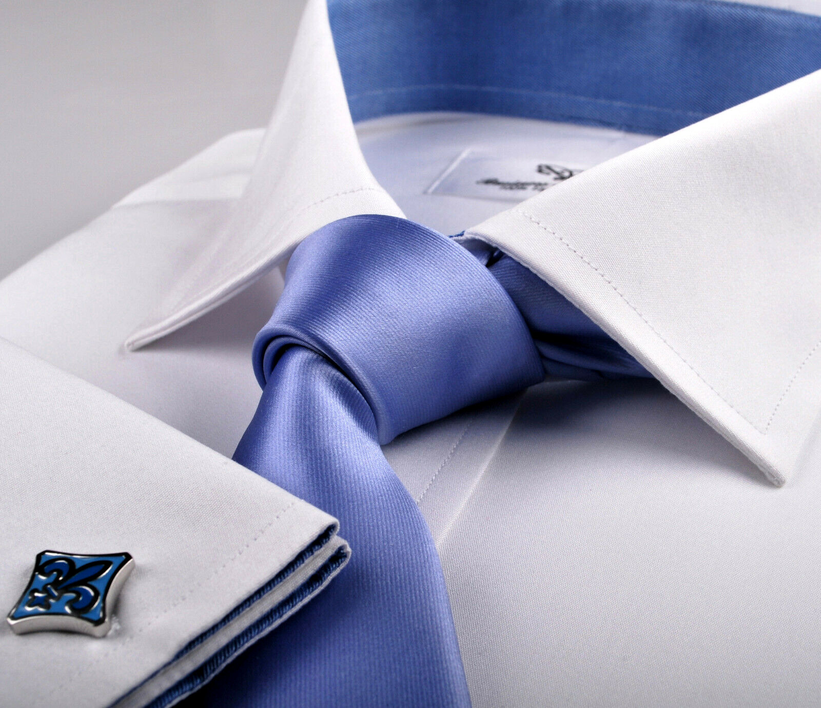White Poplin Egyptian Cotton Profesional Formal Business Dress Shirt Blue Lining