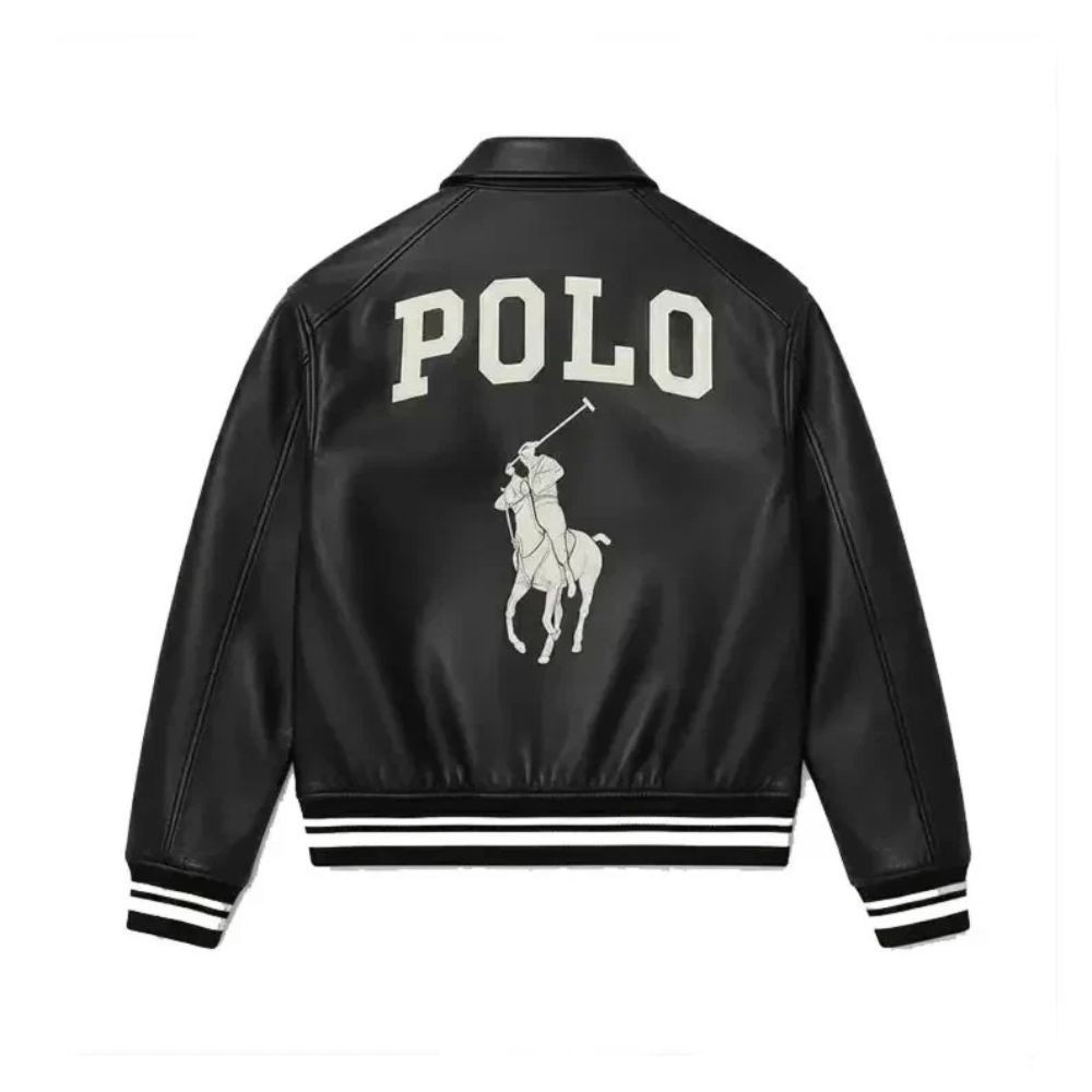 Polo Men’s Black Real Cowhide Leather Bomber Jacket Genuine Leather