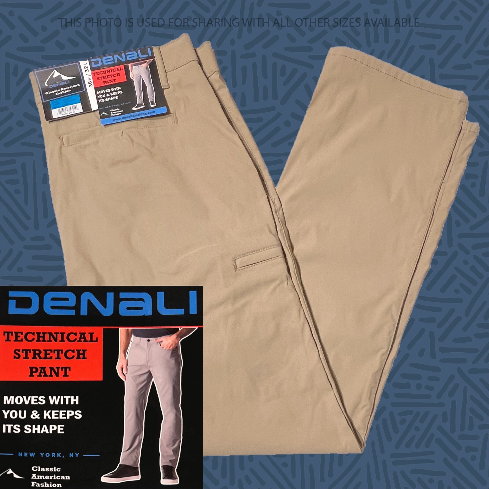 NWT Denali Men’s Technical Stretch Pants Elastic Waist Straight Delta Khaki