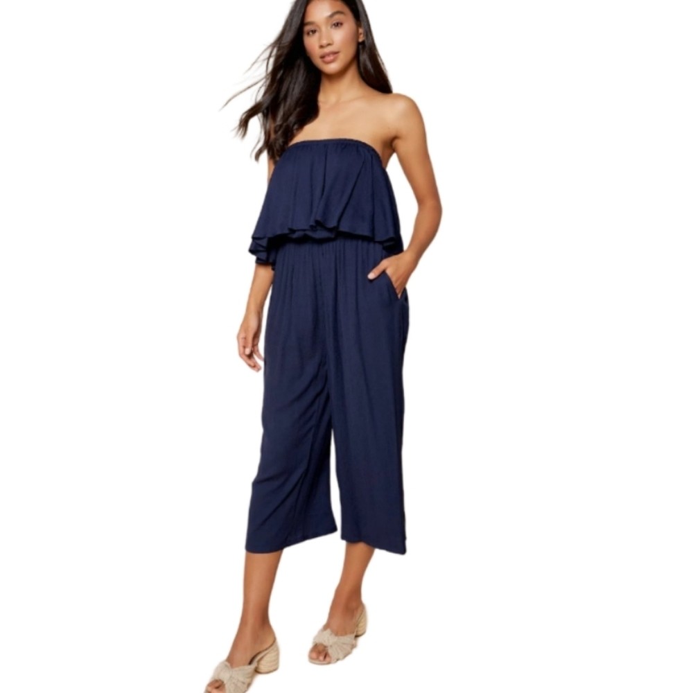 SUGARLIPS LANAH STRAPLESS WIDE LEG JUMPSUIT NAVY BLUE MEDIUM NWT