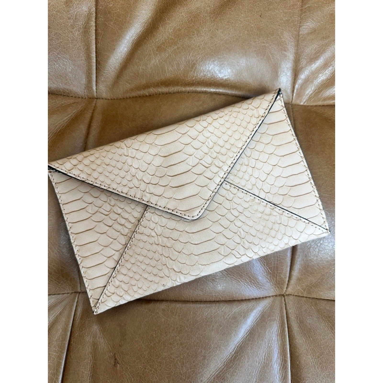 EUC! Loeffler Randall Python-Embossed Leather Envelope Clutch – Nude/Beige