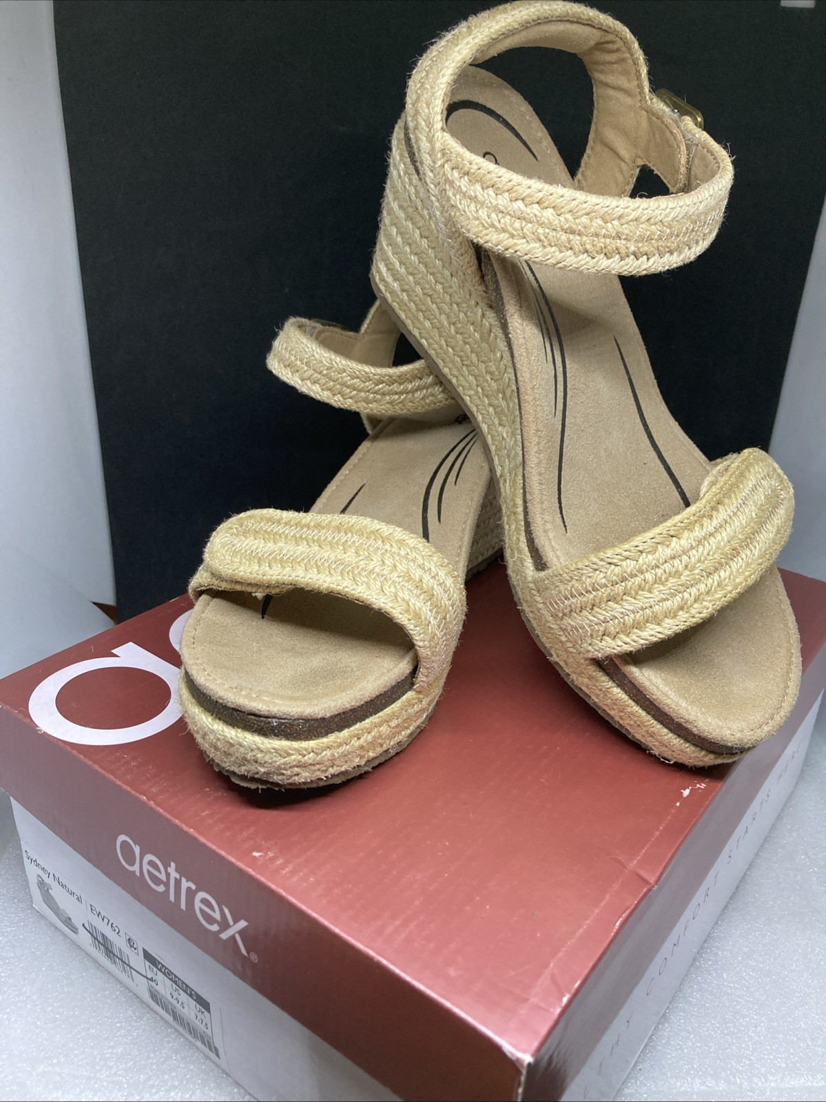 Aetrex Sydney Natural Platform Jute Wedge Sandals Adjustable Straps size 9-9.5