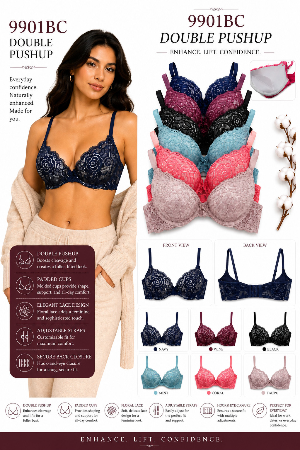 EXTREME DOUBLE PUSH UP Add 2 Cup Sizes Push Up Bra Padded FREE RETURN 1,3 or 6pc