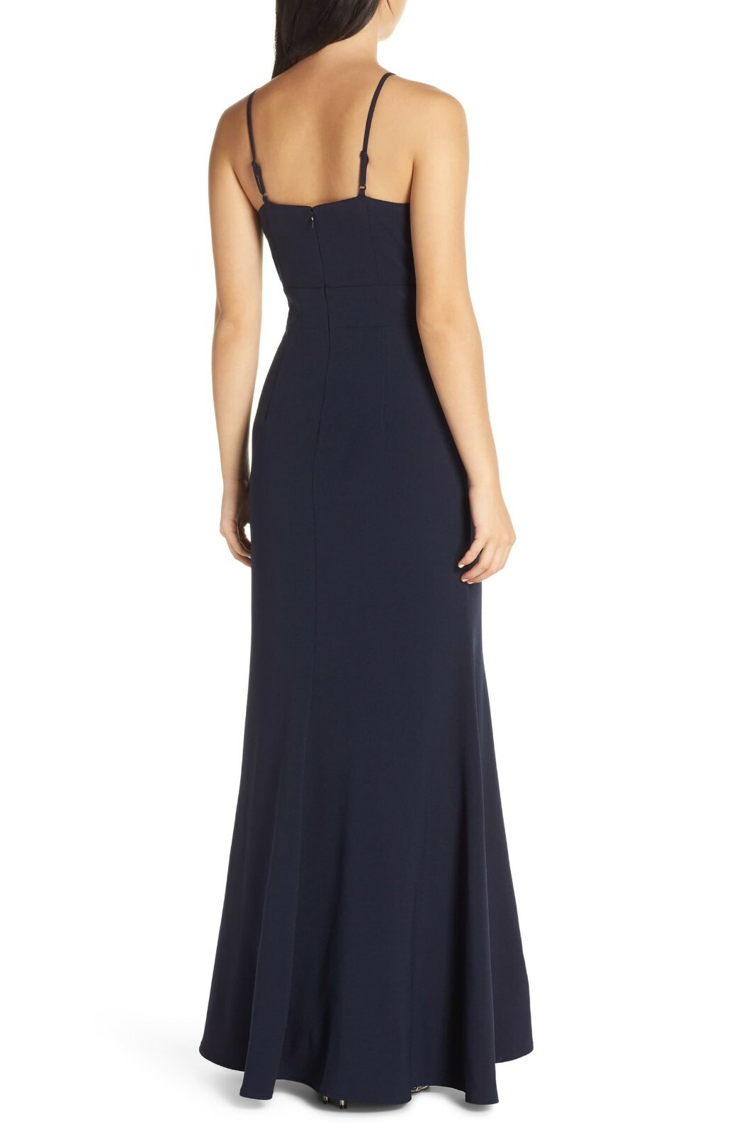 ELIZA J Navy Stretch Crepe Cascading Ruffle V-Neck Plunge Mermaid Maxi Gown 4 =S