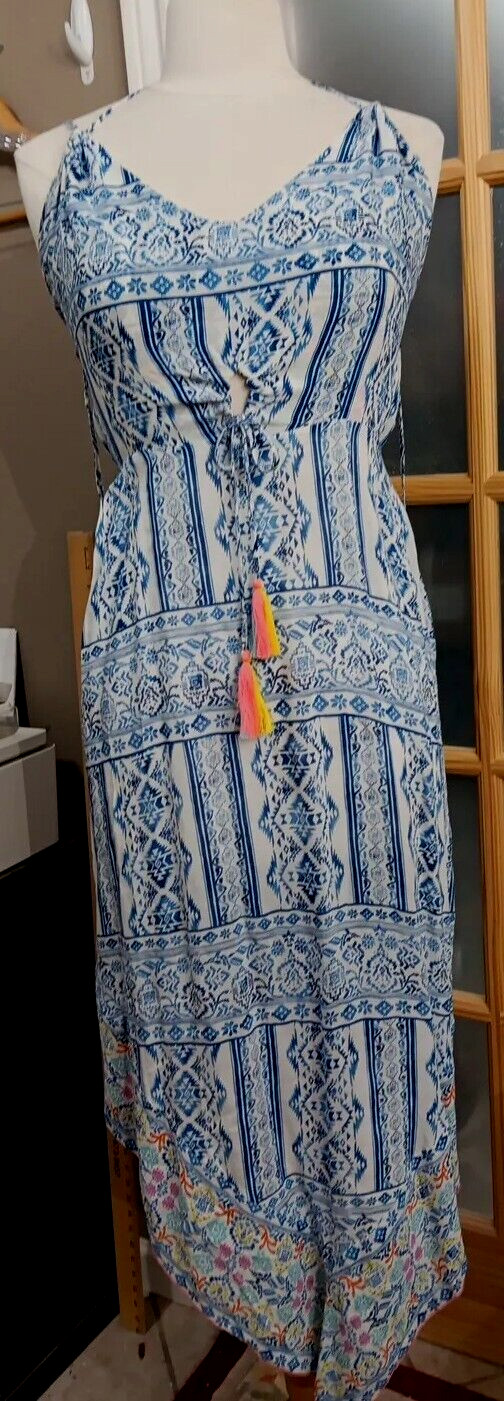 Halter Dress Cover Up Surf Gypsy Sz M Pop Border Print Tassels V Hem