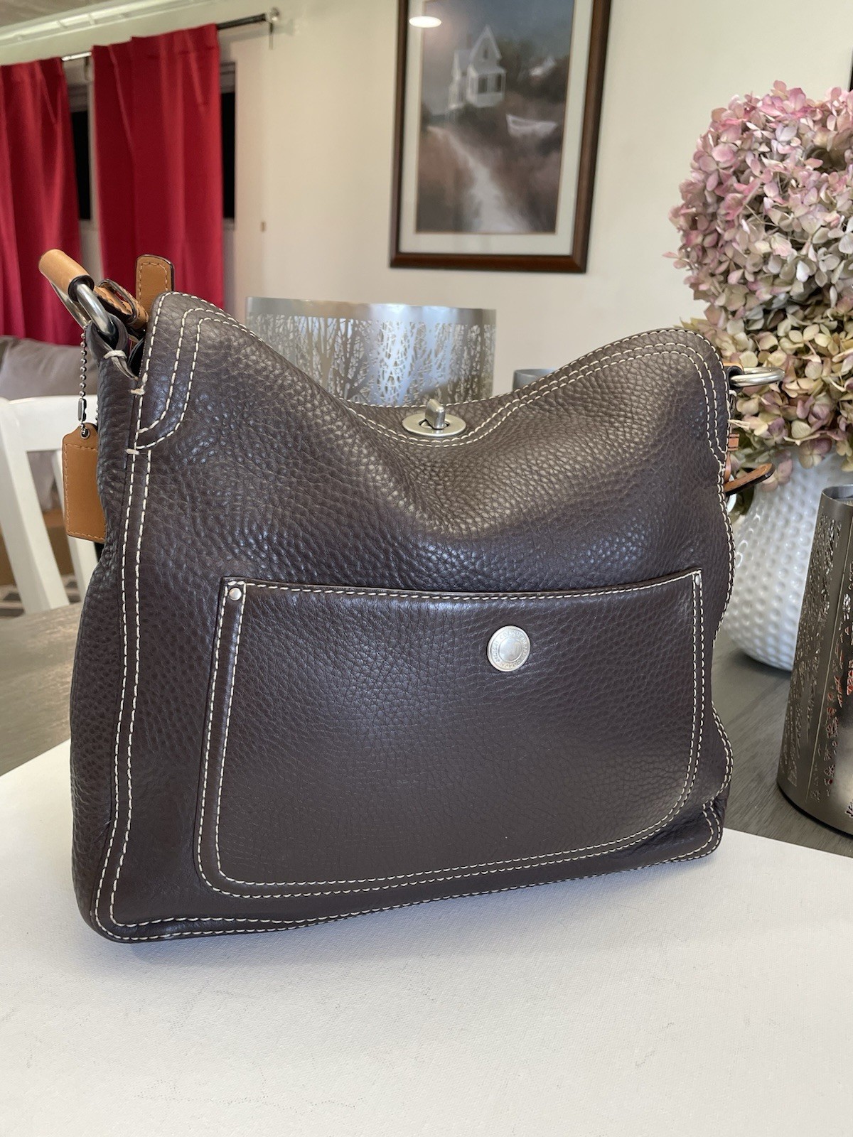 Coach Luxe Dark Brown Pebbled Leather Shoulder Bag Tote Purse w/ Wristlet Set