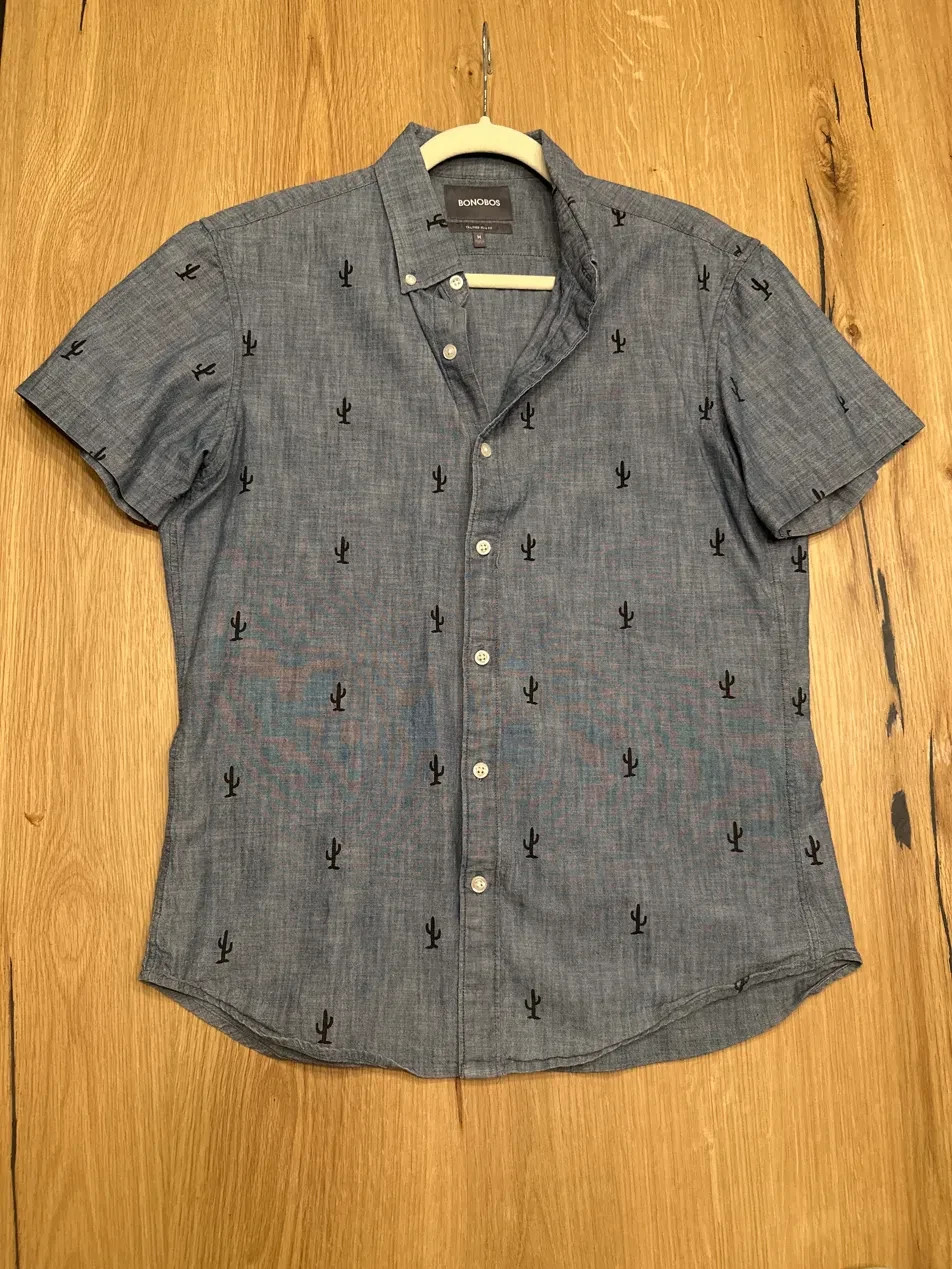 Bonobos Tailored Slim Chambray Shirt Men’s Medium Cactus Print SS Button-Down