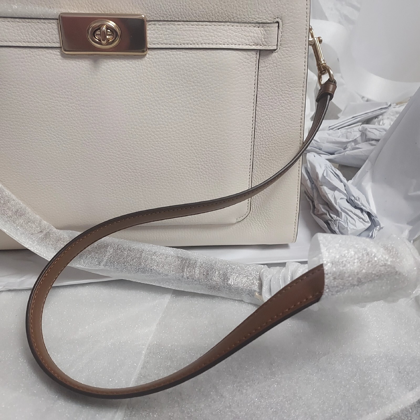 Coach Lane Carryall In Colorblock Chalk White and Tan Leather Shoulder Bag