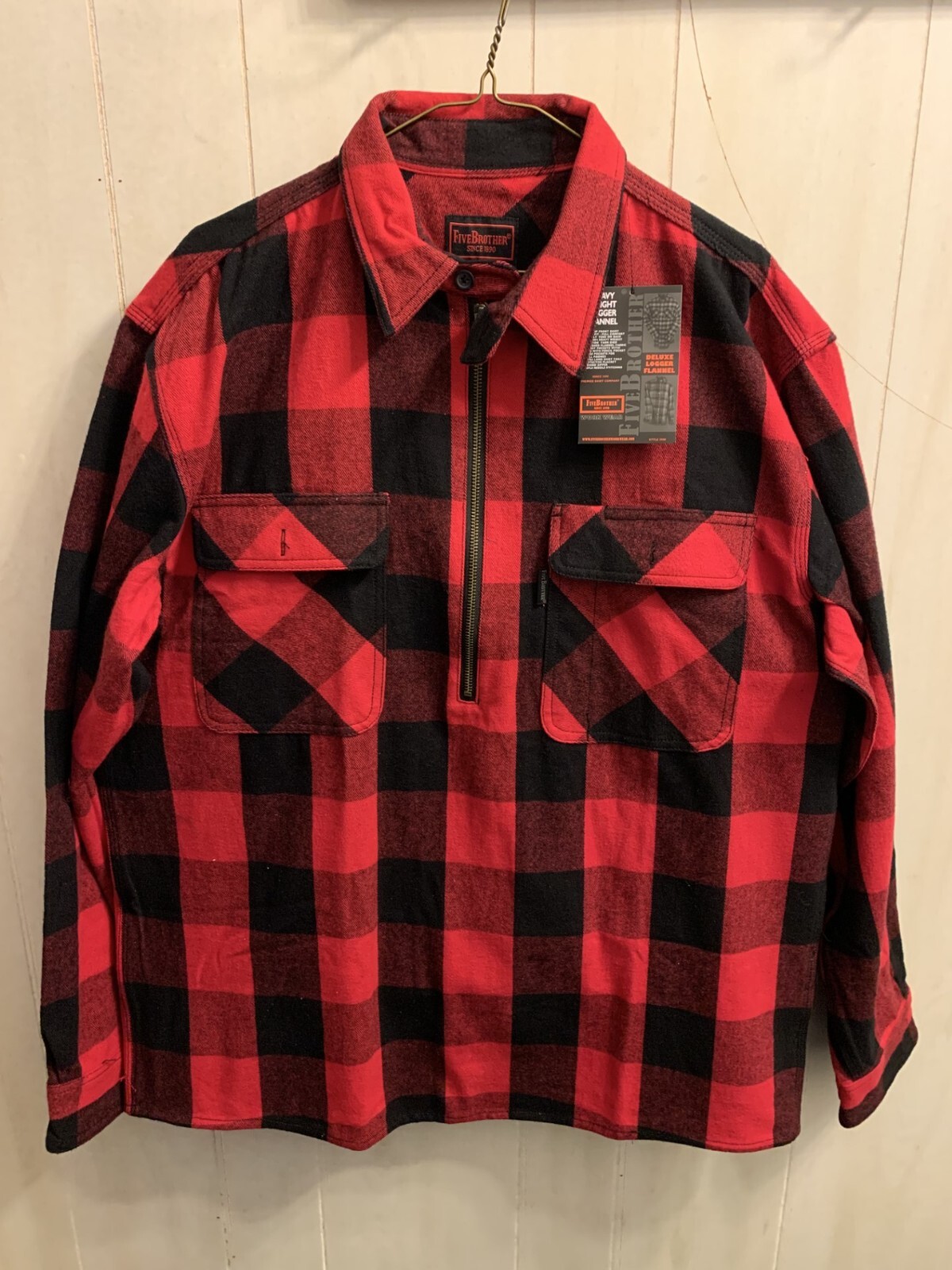 Five Brother 9oz Half Zip Front Logger Red/Black Plaid Flannel Shirt 5900-2004