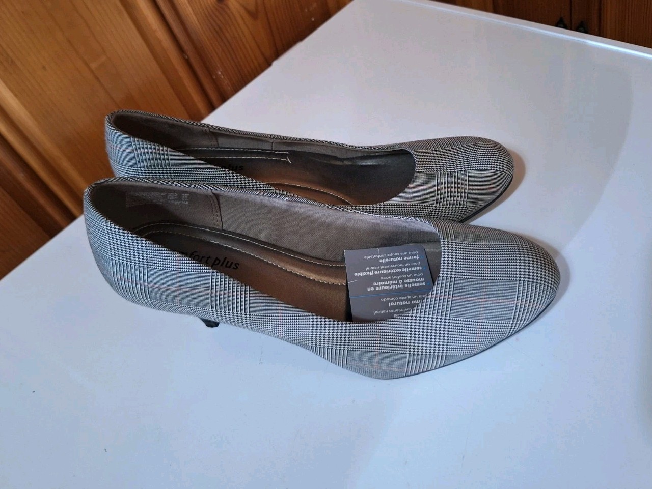 Comfort Plus Predictions Shoes Heel Gray Black Plaid 8W Pump Slip 3″ Flexible