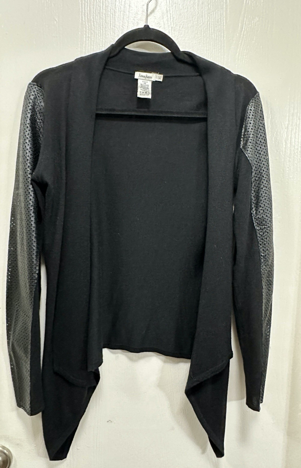 Neiman Маrсus Cardigan Black Open Leather Sleeve Angora Cashmere Luxury size XS