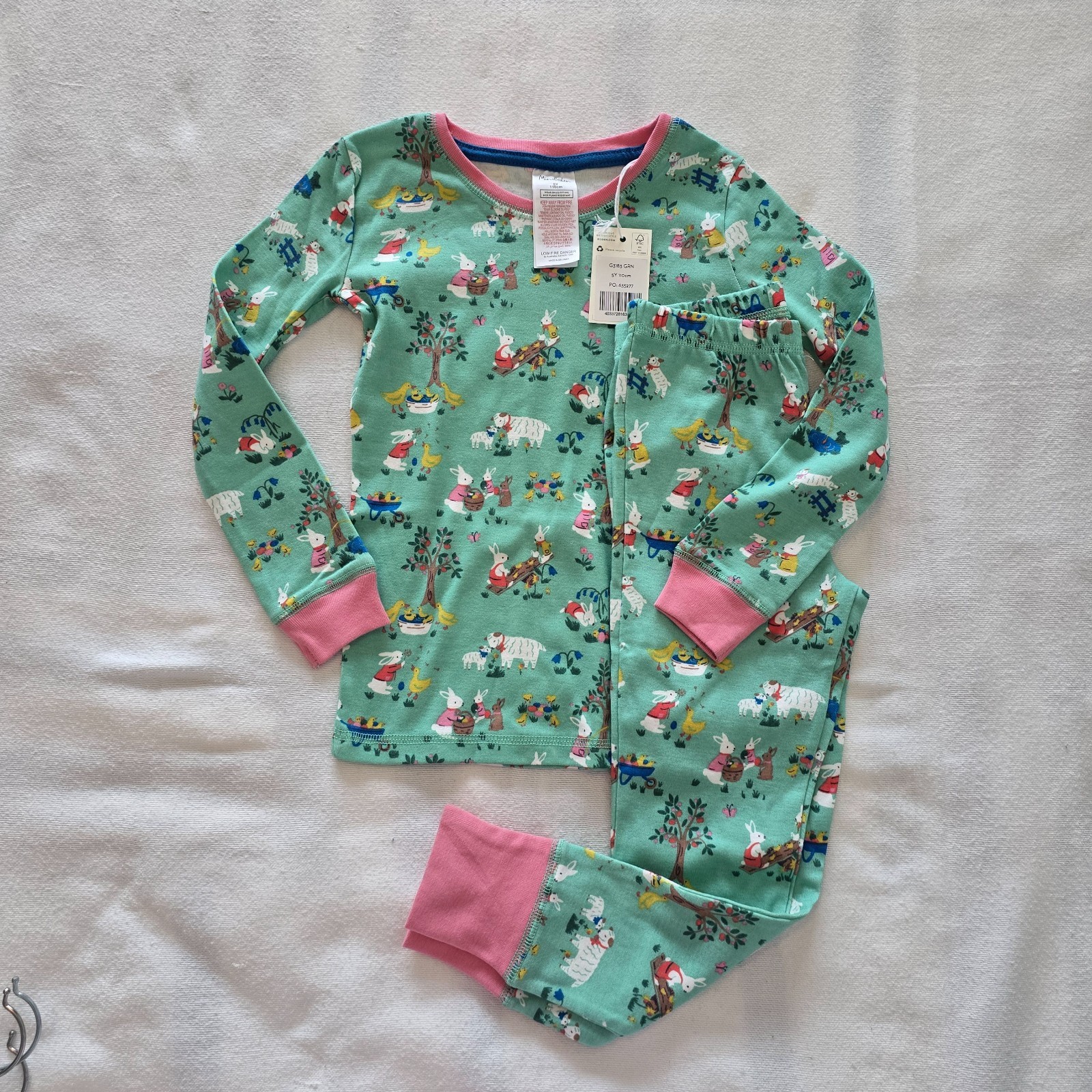4-5Y Mini Boden Girls Snug Long John Pajamas, Farm Animals/Garden